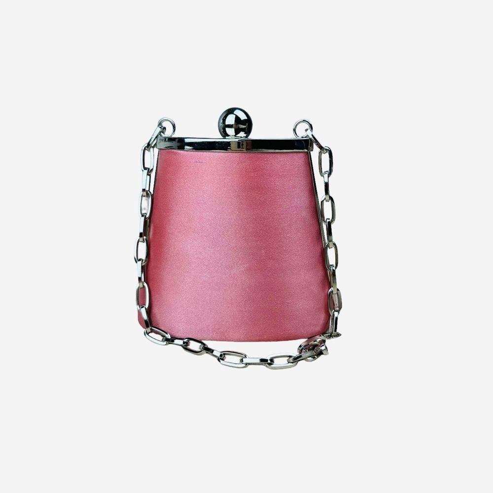 Vintage Satin Pink Dome Mini Clutch Handbag Purse with Silver Chain Handle